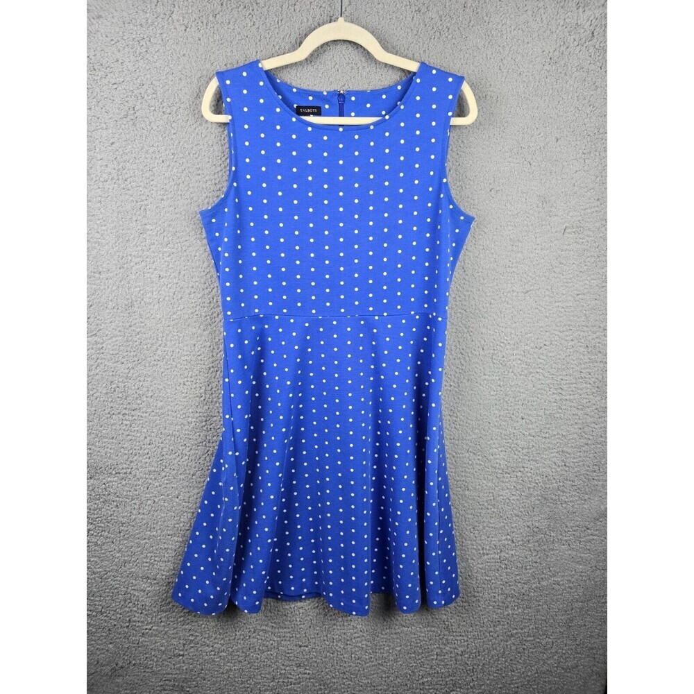 Talbots Dress Womens M Blue White Polka Dot Sleeveless A-Line Fit Flare Swing